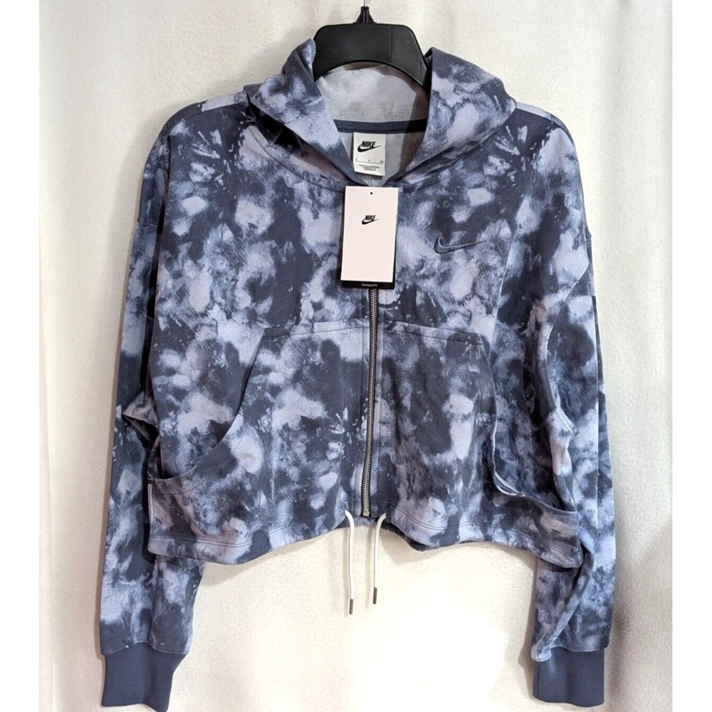 Nike Women's Blue Multi Wave Dye Jersey‎ Full-Zip Hoodie Cropped Oversized XS